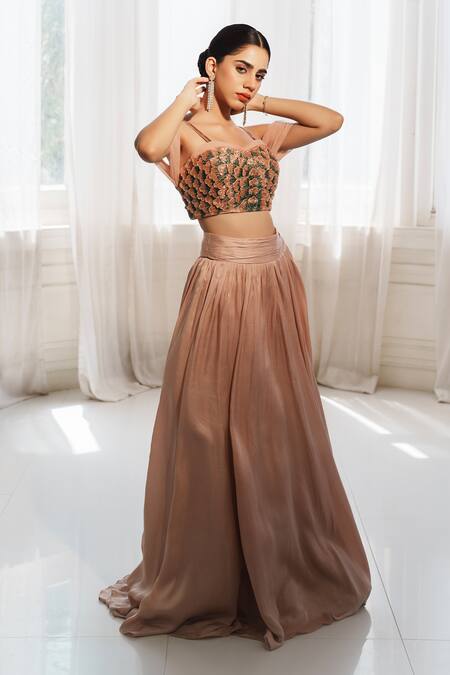 Buy_House Of Anmol Jain_Rose Gold Satin, Net Sequins, Applique, Devika Floral Blouse With Skirt _Online_at_Aza_Fashions