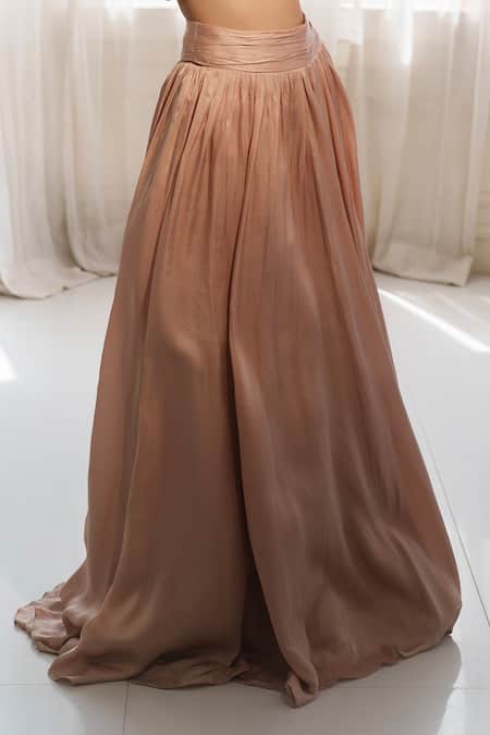 Shop_House Of Anmol Jain_Rose Gold Satin, Net Sequins, Applique, Devika Floral Blouse With Skirt _Online_at_Aza_Fashions