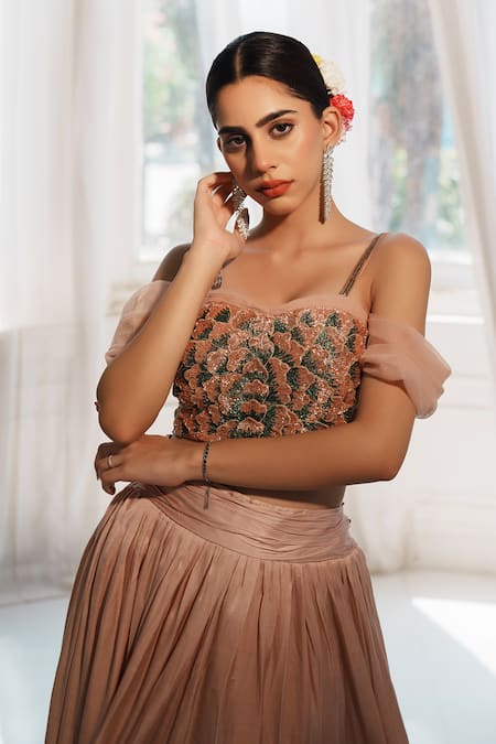House Of Anmol Jain_Rose Gold Satin, Net Sequins, Applique, Devika Floral Blouse With Skirt _at_Aza_Fashions