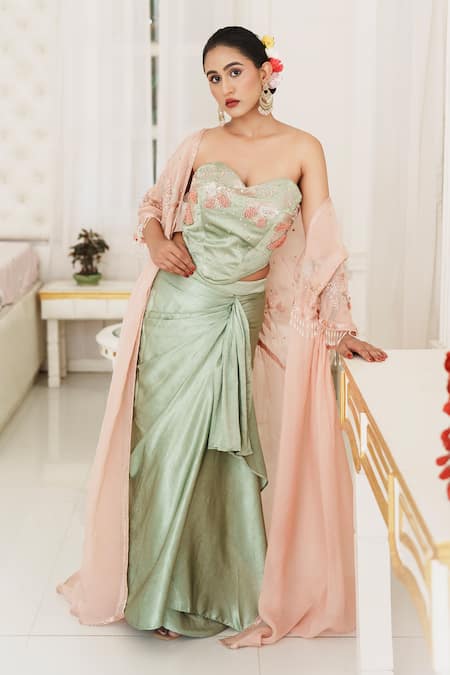 House of Anmol Jain Rose Gold Skirt And Top Satin Hand Embroidered Meher Cape With Draped Set 