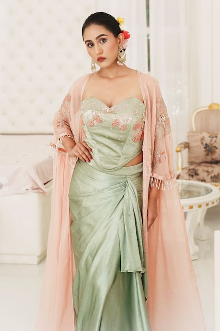 House Of Anmol Jain_Rose Gold Satin Sequins, Beads Meher Embroidered Cape With Draped Skirt Set _Online_at_Aza_Fashions