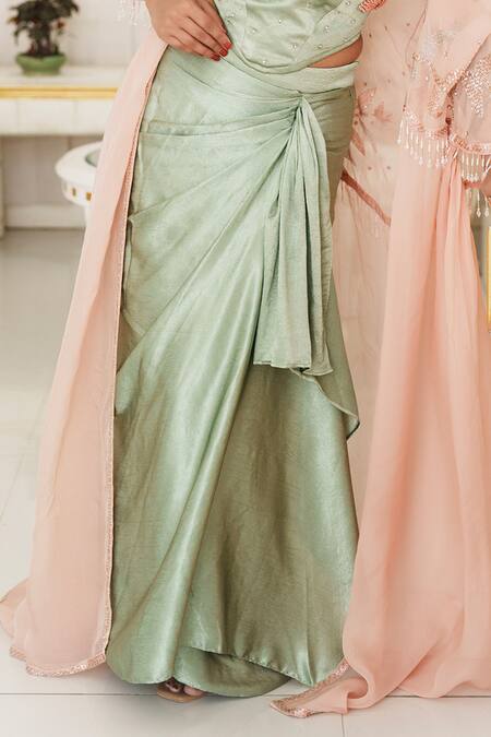 Buy_House Of Anmol Jain_Rose Gold Satin Sequins, Beads Meher Embroidered Cape With Draped Skirt Set _Online_at_Aza_Fashions