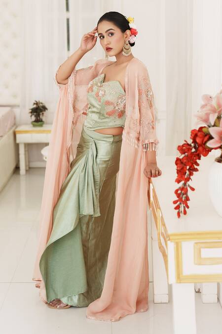Shop_House Of Anmol Jain_Rose Gold Satin Sequins, Beads Meher Embroidered Cape With Draped Skirt Set _Online_at_Aza_Fashions