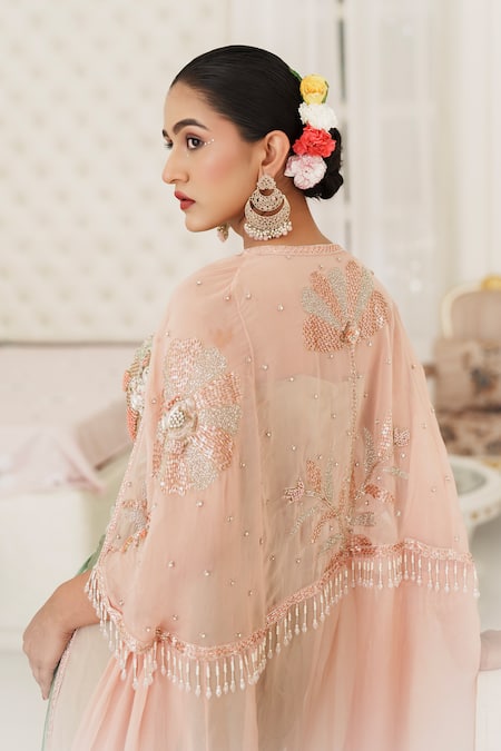 House Of Anmol Jain_Rose Gold Satin Sequins, Beads Meher Embroidered Cape With Draped Skirt Set _at_Aza_Fashions