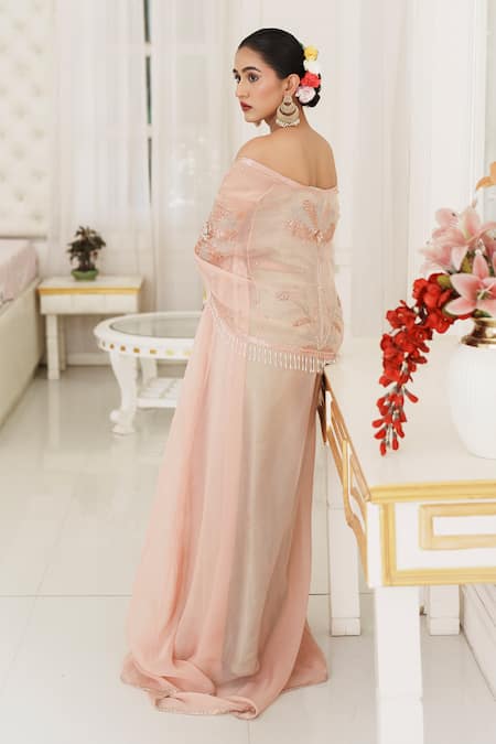 Buy_House Of Anmol Jain_Rose Gold Satin Sequins, Beads Meher Embroidered Cape With Draped Skirt Set 