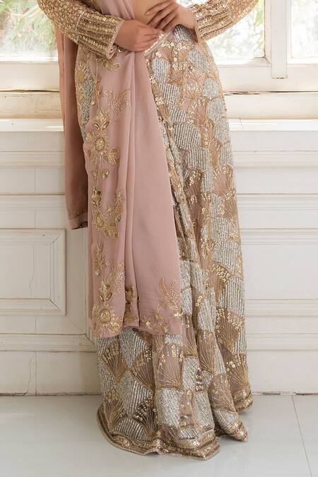 House Of Anmol Jain_Rose Gold Net, Satin Sequins, Beads Plunge Neck Embroidered Draped Saree Set _Online_at_Aza_Fashions