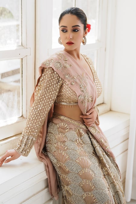 House Of Anmol Jain_Rose Gold Net, Satin Sequins, Beads Plunge Neck Embroidered Draped Saree Set _at_Aza_Fashions