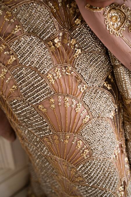 Buy_House Of Anmol Jain_Rose Gold Net, Satin Sequins, Beads Plunge Neck Embroidered Draped Saree Set 