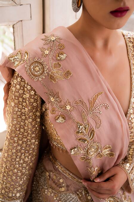 Shop_House Of Anmol Jain_Rose Gold Net, Satin Sequins, Beads Plunge Neck Embroidered Draped Saree Set 