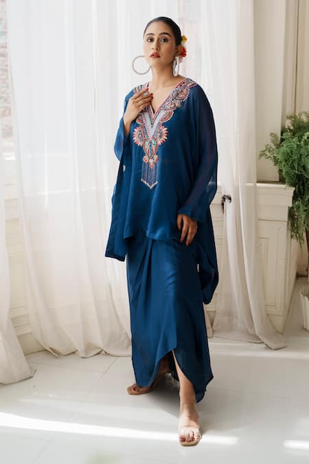 House of Anmol Jain Blue Skirt And Top Satin Hand Embroidered Sequin V-neck Ananya Floral With Set 