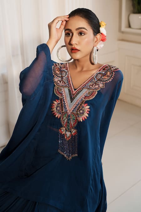Shop House Of Anmol Jain Blue Organza, Satin Sequins, Beads, Embroidery Ananya Floral Top With Skirt Set Online at Aza Fashions Shop_House Of Anmol Jain_Blue Organza, Satin Sequins, Beads, Embroidery Ananya Floral Top With Skirt Set _Online_at_Aza_Fashions