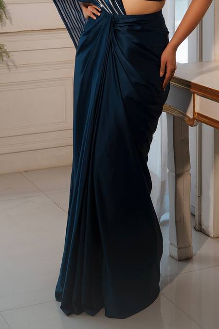 House Of Anmol Jain_Blue Satin, Organza Cut Work Sweetheart Neelam Hand Embroidered Draped Saree Set _Online_at_Aza_Fashions