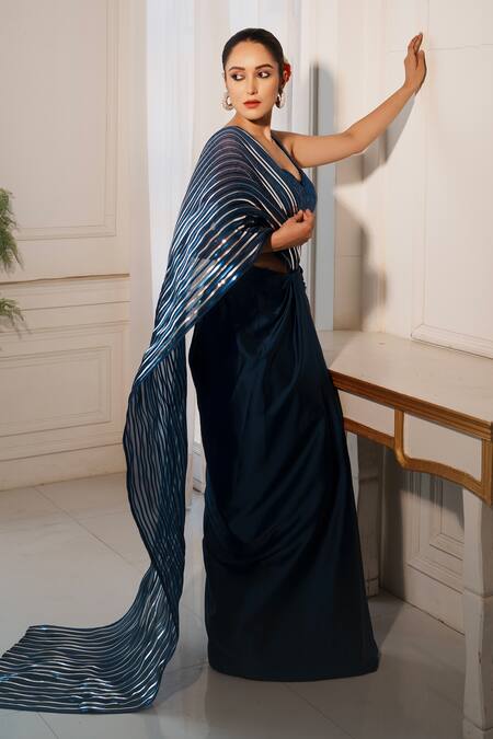 Buy_House Of Anmol Jain_Blue Satin, Organza Cut Work Sweetheart Neelam Hand Embroidered Draped Saree Set _Online_at_Aza_Fashions