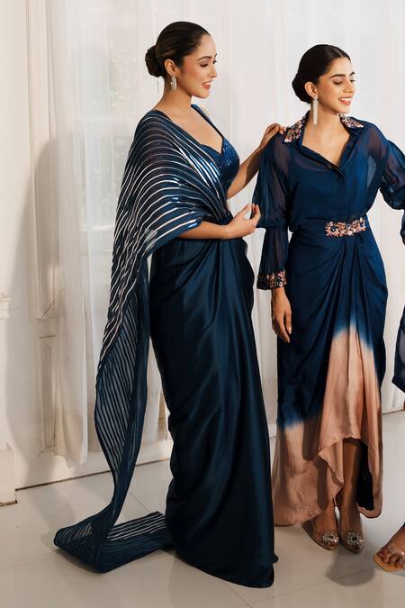 House Of Anmol Jain_Blue Satin, Organza Cut Work Sweetheart Neelam Hand Embroidered Draped Saree Set _at_Aza_Fashions