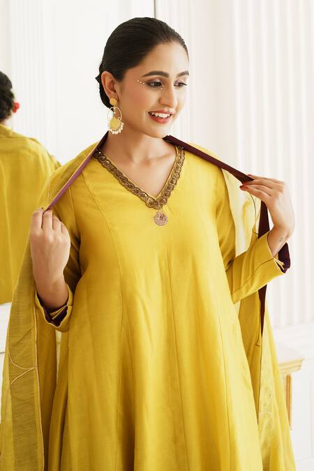 House Of Anmol Jain_Yellow Silk, Muslin, Zari, Sunshine Zardozi Anarkali Pant Set _Online_at_Aza_Fashions