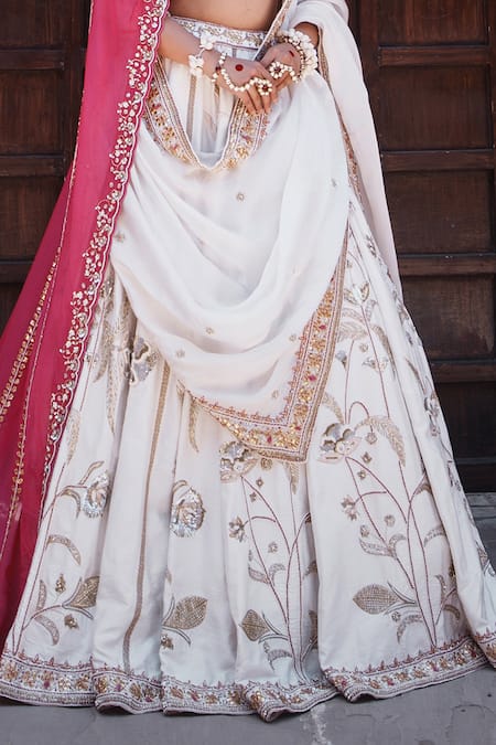 House Of Anmol Jain_White Silk, Organza Sequins, Beads Mukta Hand Embroidered Bridal Lehenga Set _Online_at_Aza_Fashions