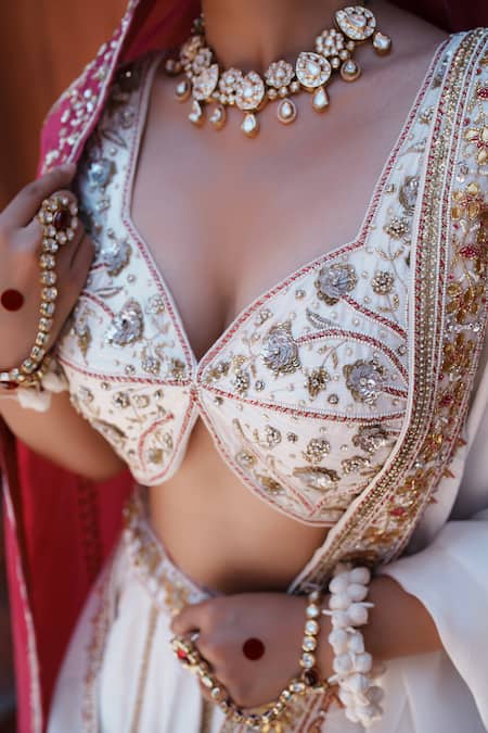 Shop_House Of Anmol Jain_White Silk, Organza Sequins, Beads Mukta Hand Embroidered Bridal Lehenga Set _Online_at_Aza_Fashions