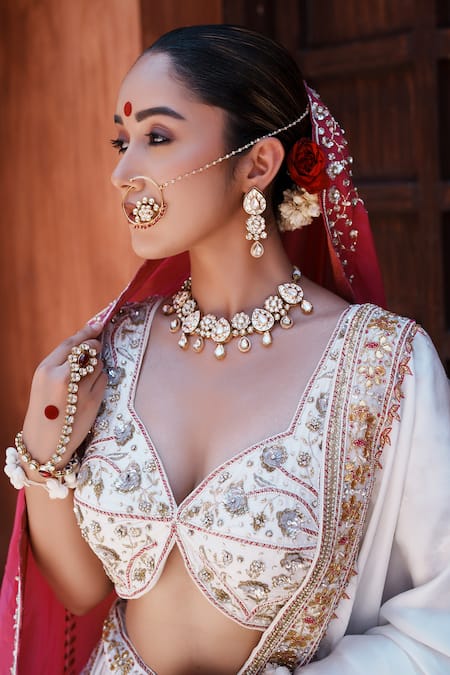 House Of Anmol Jain_White Silk, Organza Sequins, Beads Mukta Hand Embroidered Bridal Lehenga Set _at_Aza_Fashions