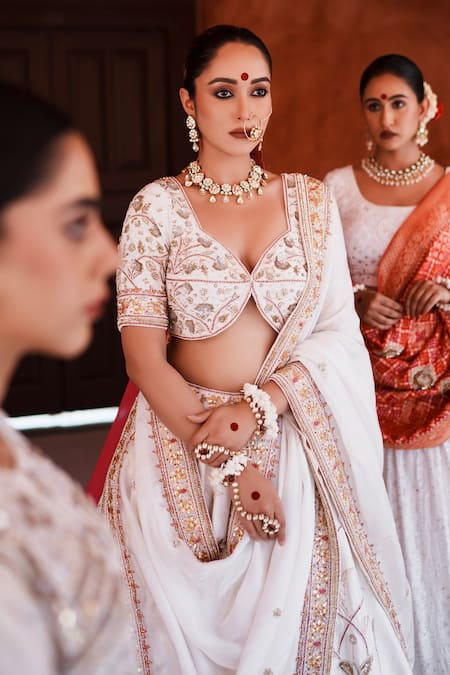 Buy_House Of Anmol Jain_White Silk, Organza Sequins, Beads Mukta Hand Embroidered Bridal Lehenga Set 