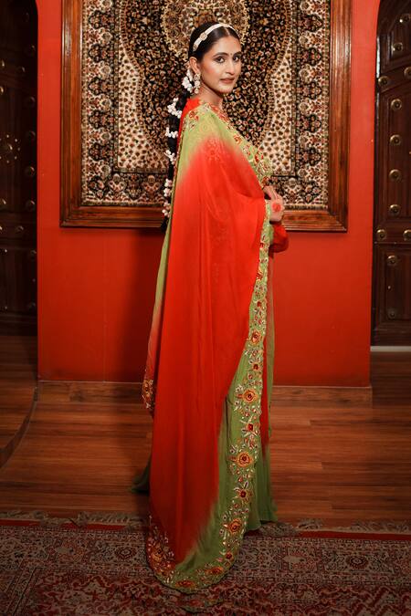 House Of Anmol Jain_Red Georgette Embroidery Round Neck Rose Kurta Sharara Set _Online_at_Aza_Fashions