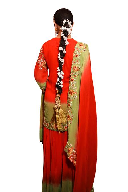 Buy_House Of Anmol Jain_Red Georgette Embroidery Round Neck Rose Kurta Sharara Set _Online_at_Aza_Fashions