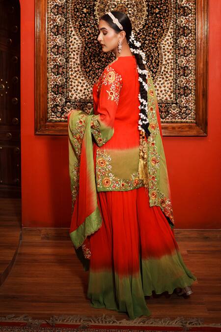 Shop_House Of Anmol Jain_Red Georgette Embroidery Round Neck Rose Kurta Sharara Set _Online_at_Aza_Fashions