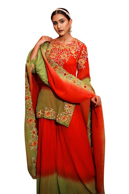 House Of Anmol Jain_Red Georgette Embroidery Round Neck Rose Kurta Sharara Set _at_Aza_Fashions