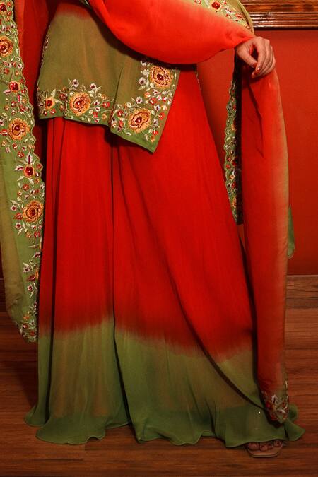 Buy_House Of Anmol Jain_Red Georgette Embroidery Round Neck Rose Kurta Sharara Set 