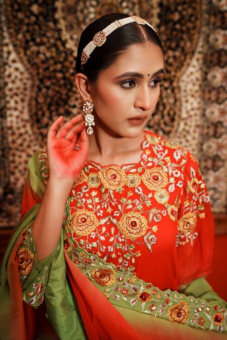 Shop_House Of Anmol Jain_Red Georgette Embroidery Round Neck Rose Kurta Sharara Set 