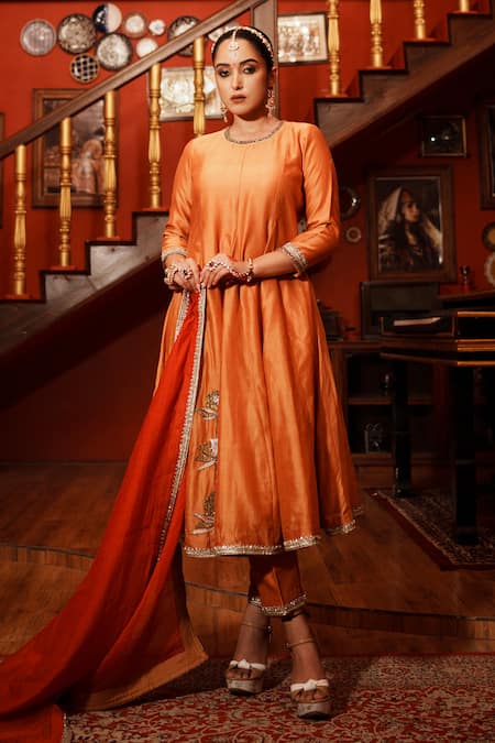 House of Anmol Jain Orange Anarkali Chanderi Silk Hand Embroidered Patch Work Round Pant Set 