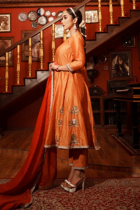 House Of Anmol Jain_Orange Silk, Beads, Patchwork, Hand Anarkali Pant Set _Online_at_Aza_Fashions
