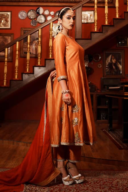 Buy_House Of Anmol Jain_Orange Silk, Beads, Patchwork, Hand Anarkali Pant Set _Online_at_Aza_Fashions