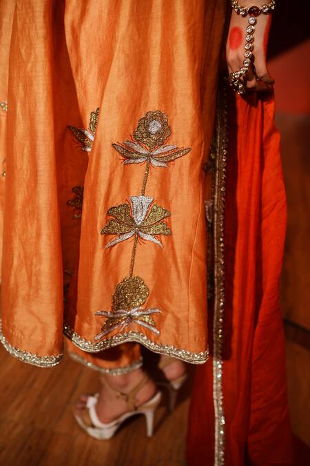 Shop_House Of Anmol Jain_Orange Silk, Beads, Patchwork, Hand Anarkali Pant Set _Online_at_Aza_Fashions