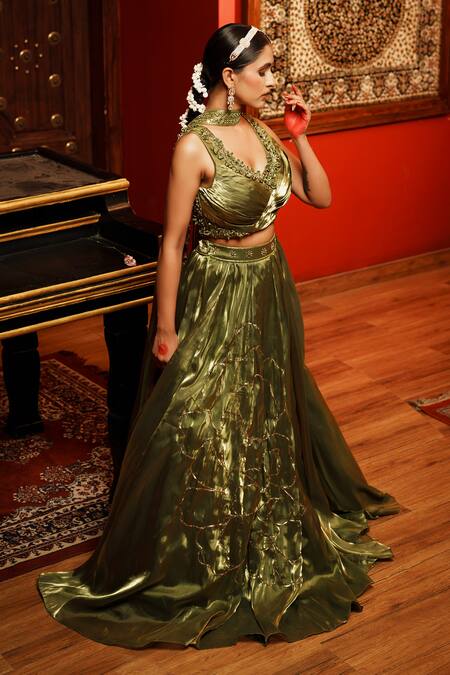 Buy House Of Anmol Jain Green Silk, Organza, Hemp Embroidery Asymmetric Hand Lehenga Blouse Set Online at Aza Fashions Buy_House Of Anmol Jain_Green Silk, Organza, Hemp Embroidery Asymmetric Hand Lehenga Blouse Set _Online_at_Aza_Fashions