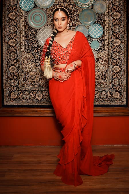 House of Anmol Jain Red Pre-draped Saree Organza Hand Embroidered Pearl V-neck With Blouse 