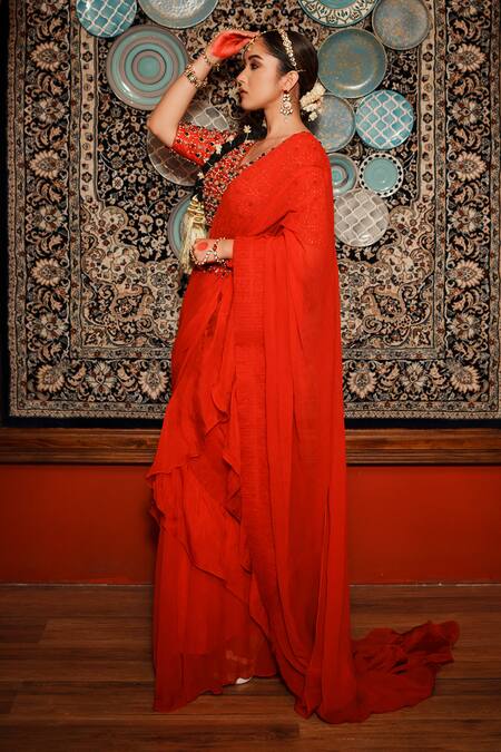 House of Anmol Jain Red Pre-draped Saree Organza Hand Embroidered Pearl V-neck With Blouse  6