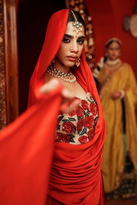 Buy_House Of Anmol Jain_Red Satin, Net Embroidery Sweetheart Pre-draped Saree With Flower Hand Blouse 