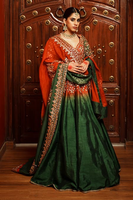 House of Anmol Jain Green Lehenga And Blouse Raw Silk Hand Embroidered Butti Set 