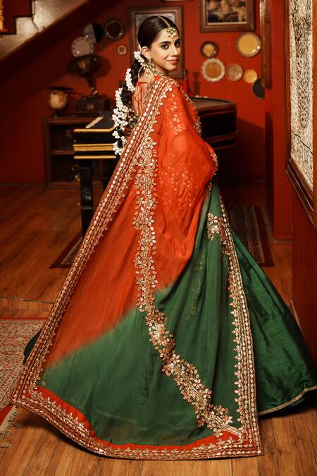House Of Anmol Jain_Green Silk, Organza Embroidery Geometric Buttis Hand Lehenga Set _Online_at_Aza_Fashions