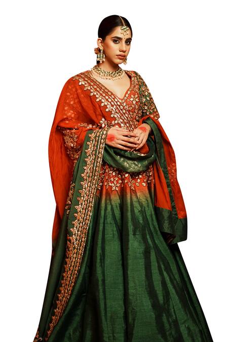Buy_House Of Anmol Jain_Green Silk, Organza Embroidery Geometric Buttis Hand Lehenga Set _Online_at_Aza_Fashions