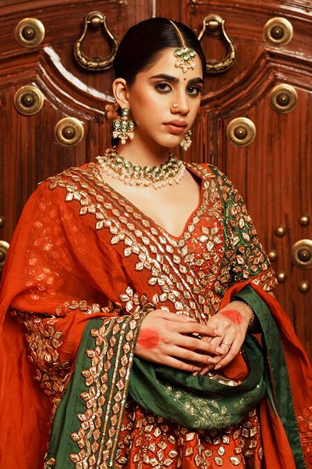 Shop_House Of Anmol Jain_Green Silk, Organza Embroidery Geometric Buttis Hand Lehenga Set _Online_at_Aza_Fashions