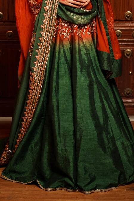 House Of Anmol Jain_Green Silk, Organza Embroidery Geometric Buttis Hand Lehenga Set _at_Aza_Fashions