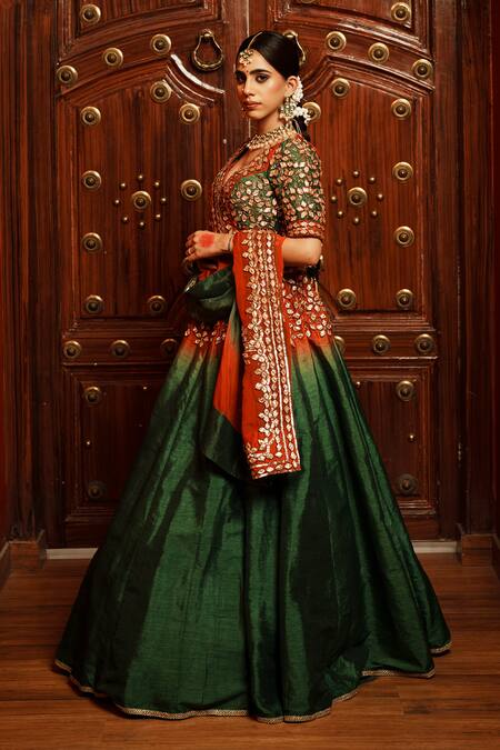 Buy_House Of Anmol Jain_Green Silk, Organza Embroidery Geometric Buttis Hand Lehenga Set 