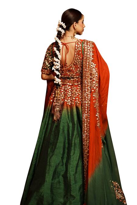 Shop_House Of Anmol Jain_Green Silk, Organza Embroidery Geometric Buttis Hand Lehenga Set 