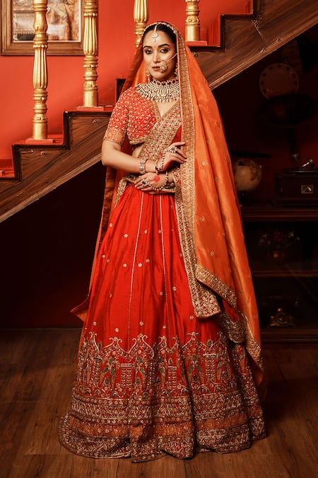 House of Anmol Jain Red Lehenga And Blouse Raw Silk Hand Embroidered Bridal Set With Two Dupattas 