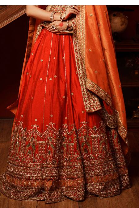 House Of Anmol Jain_Red Silk, Tissue Embroidery, Sequins V-neck Bridal Lehenga Set With Two Dupattas _Online_at_Aza_Fashions