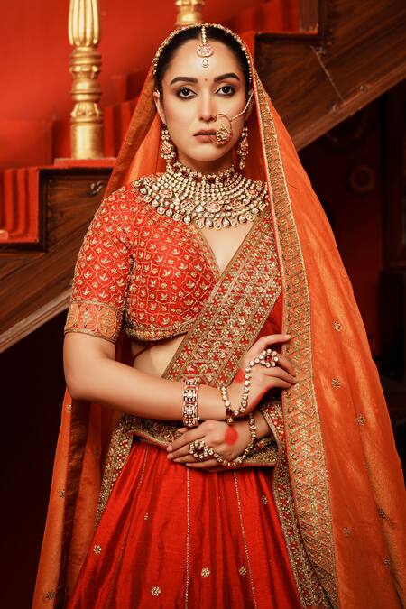 Buy_House Of Anmol Jain_Red Silk, Tissue Embroidery, Sequins V-neck Bridal Lehenga Set With Two Dupattas _Online_at_Aza_Fashions