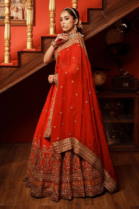 House Of Anmol Jain_Red Silk, Tissue Embroidery, Sequins V-neck Bridal Lehenga Set With Two Dupattas _at_Aza_Fashions