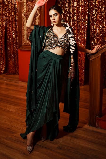 House of Anmol Jain Green Skirt And Blouse Modal Satin Hand Embroidered Beads Draped & Cape Set 