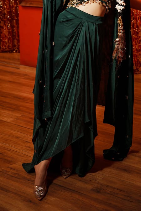 House Of Anmol Jain_Green Modal Sequins, Beads V-neck Draped Skirt And Hand Embridered Cape Set _Online_at_Aza_Fashions